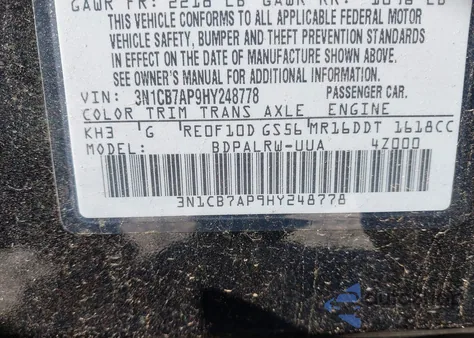 2017 Nissan Sentra Sr Turbo from USA, damaged, VIN 3N1CB7AP9HY248778